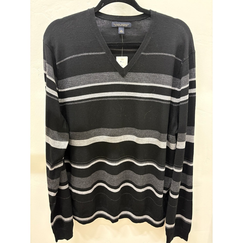Banana Republic Mens XL Extra Fine Merino Wool V-Neck Striped Sweater Black Grey